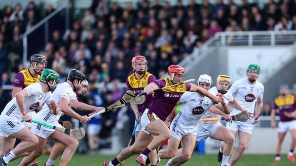 Lee Chin of Wexford makes a break during 2026 Leinster SHC game against Kildare