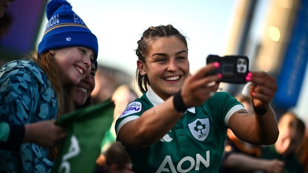 18 April 2026; Ireland captain Erin King with supporters after the Women's Six Nations Rugby Championship match between Ireland and Italy at Dexcom Stadium in Galway. Photo by Shauna Clinton/Sportsfile