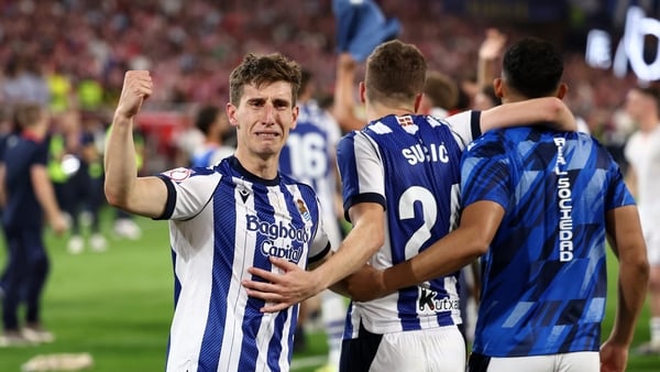 Aihen Munoz of Real Sociedad celebrates victory following a penalty shoot out in the 2026 Copa Del Rey final match against Atletico Madrid
