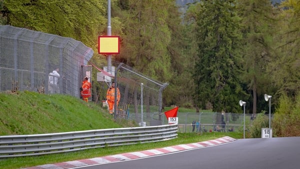 A code red is issued following a serious accident during the ADAC 24h Nurburgring race at the Nurburgring in Nurburg, Germany, on April 18, 2026. (Photo by Jack Brekelmans/EYE4IMAGES/NurPhoto via Getty Images)