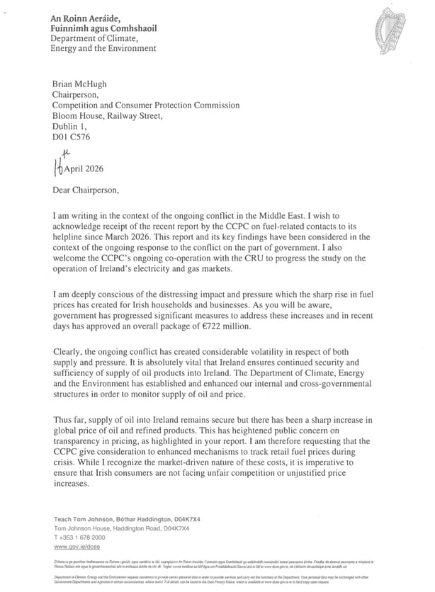  Darragh O'Brien requested that the commission "give consideration to enhanced mechanisms to track retail fuel prices during crisis