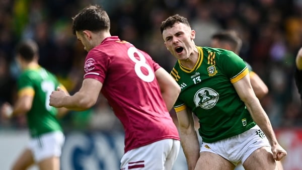 19 April 2026; Jordan Morris of Meath celebrates a score toward Brían Cooney of Westmeath during the Leinster GAA Football Senior Championship quarter-final match between Meath and Westmeath at Glenisk O'Connor Park in Tullamore, Offaly. Photo by Ben McSh