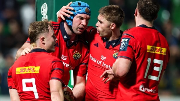 18 April 2026; Tadhg Beirne of Munster is congratulated by teammates on scoring a second-half try during the United Rugby Championship match between Benetton and Munster at Stadio Monigo in Treviso, Italy. Photo by Tim Rogers/Sportsfile