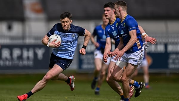 19 April 2026; Killian McGinnis of Dublin in action against Wicklow players Jack Kirwan and Conall Ó Gallchobhair during the Leinster GAA Football Senior Championship quarter-final match between Wicklow and Dublin at Echelon Park in Aughrim in Wicklow. Ph
