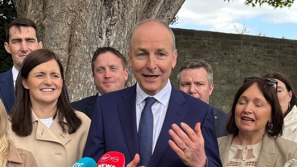 Taoiseach Micheál Martin speaks to reporters after Fianna Fail's annual 1916 Easter Rising commemoration at Arbour Hill Cemetery, Dublin
