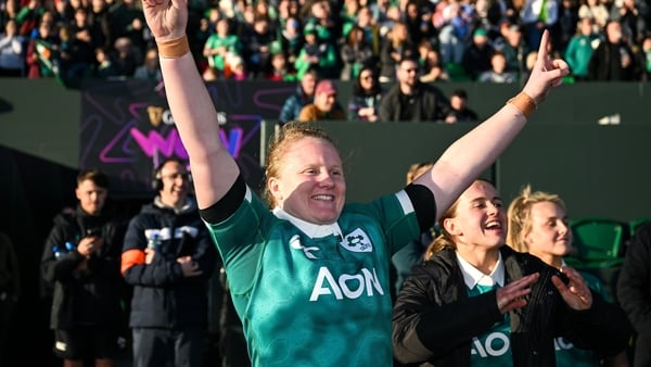 18 April 2026; Aoife Wafer of Ireland celebrates her side's victory in the Women's Six Nations Rugby Championship match between Ireland and Italy at Dexcom Stadium in Galway. Photo by Brendan Moran/Sportsfile