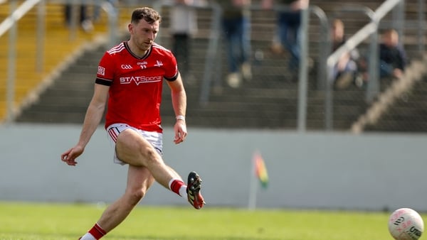 19 April 2026; Sam Mulroy of Louth scores his sides first goal, a penalty, during the Leinster GAA Football Senior Championship quarter-final match between Louth and Wexford at Netwatch Cullen Park in Carlow. Photo by Michael P Ryan/Sportsfile