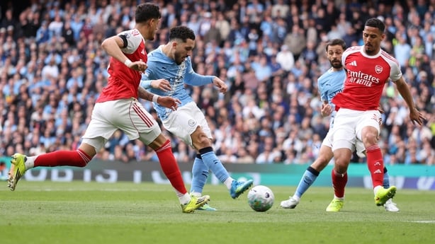 Rayan Cherki of Manchester City scores a goal to make it 1-0 during the Premier League match between Manchester City and Arsenal at Etihad Stadium on April 19, 2026 in Manchester, England. (Photo by Catherine Ivill - AMA/Getty Images)