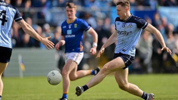 Wicklow , Ireland - 19 April 2026; Paddy Small of Dublin shoots to score his side's second goal during the Leinster GAA Football Senior Championship quarter-final match between Wicklow and Dublin at Echelon Park in Aughrim in Wicklow. (Photo By Mark Kavan