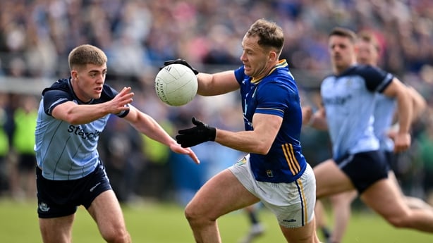 Wicklow , Ireland - 19 April 2026; Dean Healy of Wicklow in action against Nathan Doran of Dublin during the Leinster GAA Football Senior Championship quarter-final match between Wicklow and Dublin at Echelon Park in Aughrim in Wicklow. (Photo By Mark Kavanagh/Sportsfile via Getty Images)