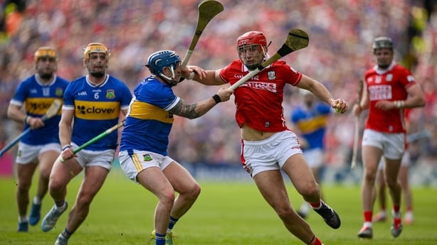 19 April 2026; Brian Hayes of Cork is tackled by Willie Connors of Tipperary during the Munster GAA Senior Hurling Championship Round 1 match between Tipperary and Cork at FBD Semple Stadium in Thurles, Tipperary. Photo by Brendan Moran/Sportsfile