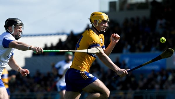 19 April 2026; Mark Rodgers of Clare is tackled by Ian Kenny of Waterford during the Munster GAA Senior Hurling Championship Round 1 match between Clare and Waterford at Zimmer Biomet Páirc Chíosóg in Ennis, Clare. Photo by Ray McManus/Sportsfile