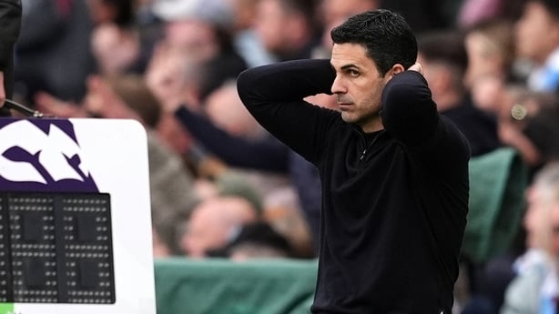 Arsenal manager Mikel Arteta reacts on the touchline during the Premier League match at the Etihad Stadium