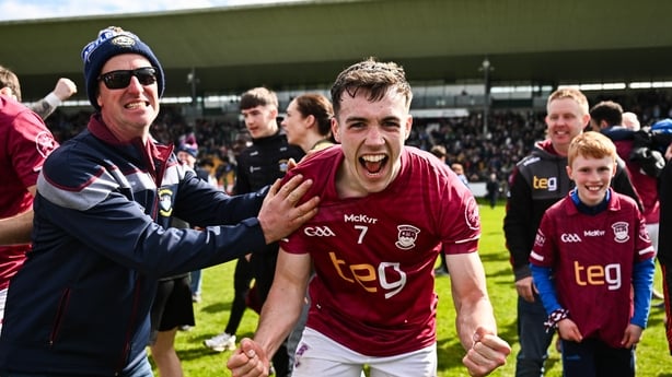 19 April 2026; Matthew Whittaker of Westmeath celebrates after the Leinster GAA Football Senior Championship quarter-final match between Meath and Westmeath at Glenisk O'Connor Park in Tullamore, Offaly. Photo by Ben McShane/Sportsfile