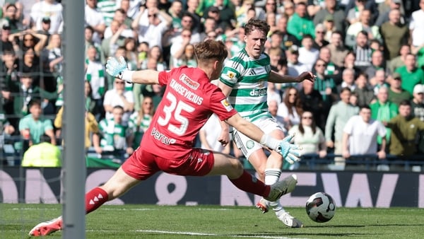 GLASGOW, SCOTLAND - APRIL 19: Luke McCowan of Celtic scores his team's fourth goal during the Scottish Cup Semi Final match between Celtic and St Mirren at Hampden Park on April 19, 2026 in Glasgow, Scotland. (Photo by Ian MacNicol/Getty Images)
