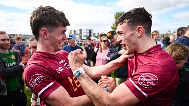 Shane Corcoran, left, and Matthew Whittaker of Westmeath after beating Westmeath in 2026 Leinster SFC quarter-final