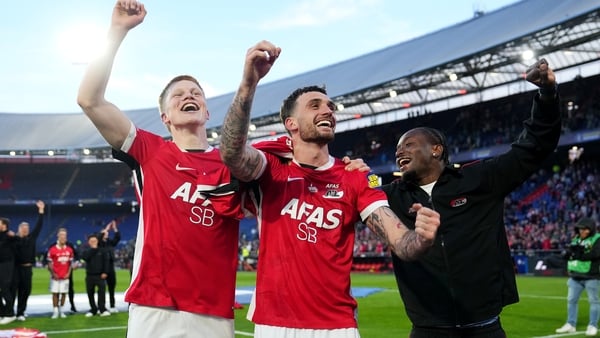 Kees Smit (L) and Troy Parrott of AZ Alkmaar celebrate following the team's victory in the Eurojackpot KNVB Beker final match between AZ Alkmaar and NEC Nijmegen at De Kuip on April 19, 2026 in Rotterdam, Netherlands. (Photo by Alex Bierens de Haan/Getty