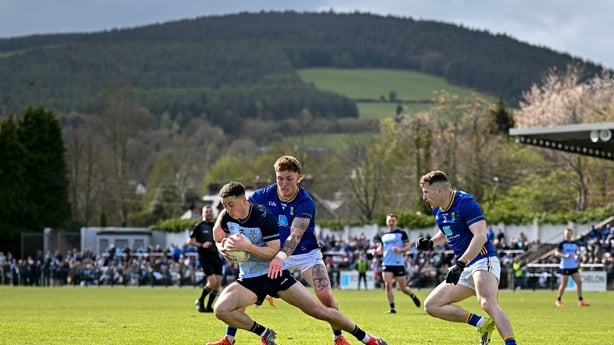 19 April 2026; Cormac Costello of Dublin in action against Jonathan Carlin of Wicklow during the Leinster GAA Football Senior Championship quarter-final match between Wicklow and Dublin at Echelon Park in Aughrim in Wicklow. Photo by Seb Daly/Sportsfile