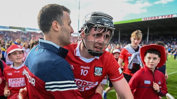 19 April 2026; Cork manager Ben O'Connor celebrates with Darragh Fitzgibbon after the Munster GAA Senior Hurling Championship Round 1 match between Tipperary and Cork at FBD Semple Stadium in Thurles, Tipperary. Photo by Daire Brennan/Sportsfile