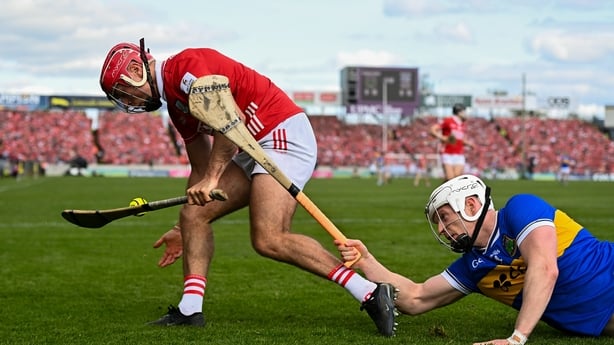 19 April 2026; William Buckley of Cork in action against Michael Breen of Tipperary during the Munster GAA Senior Hurling Championship Round 1 match between Tipperary and Cork at FBD Semple Stadium in Thurles, Tipperary. Photo by Daire Brennan/Sportsfile