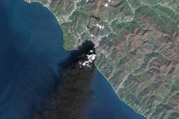 TUAPSE, RUSSIA - 16 APRIL 2026: Satellite view of Tuapse Oil Refinery, Russia. Ukrainian drones struck fuel storage tanks at the Rosneft‑operated facility, igniting a major fire visible for kilometers. Explosions and smoke were reported across the Black Sea port city. Imaged 16 April 2026. (Photo by