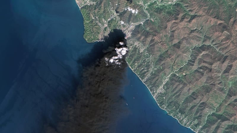 TUAPSE, RUSSIA - 16 APRIL 2026: Satellite view of Tuapse Oil Refinery, Russia. Ukrainian drones struck fuel storage tanks at the Rosneft‑operated facility, igniting a major fire visible for kilometers. Explosions and smoke were reported across the Black S