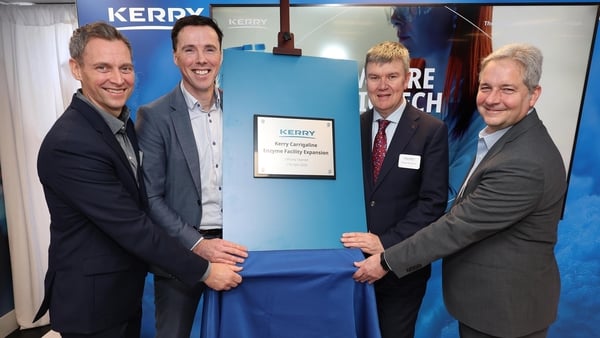 Ronan Moloney, Vice President, Enzymes (left) with James Fitzpatrick, Plant Manager, Shane McGibney, President & CEO, Biotechnology Solutions & Transformation and Marcelo Marques, CEO Kerry Europe
