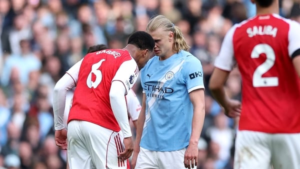 MANCHESTER, ENGLAND - APRIL 19: Gabriel of Arsenal clashes with Erling Haaland of Manchester City during the Premier League match between Manchester City and Arsenal at Etihad Stadium on April 19, 2026 in Manchester, England. (Photo by Michael Regan/Getty