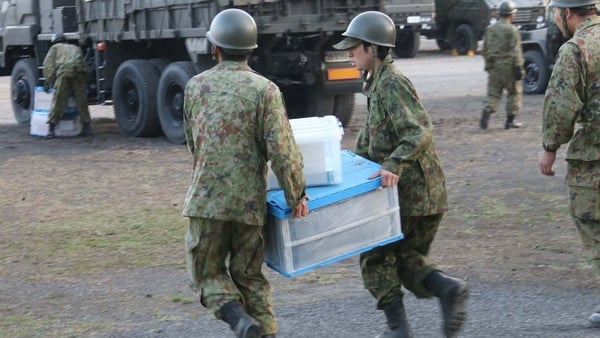Soldiers stationed at the Iwate Garrison, part of the Japanese Army, are making preparations following a tsunami alert in Iwate, Japan on April 20, 2026. A strong earthquake of 7.4 magnitude jolted Japan on Monday evening local time, with waves of a tsuna