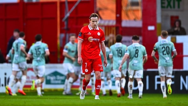 Harry Wood of Shelbourne after Derry City's first goal during the SSE Airtricity Men's Premier Division match between Shelbourne and Derry City at Tolka Park in Dublin.