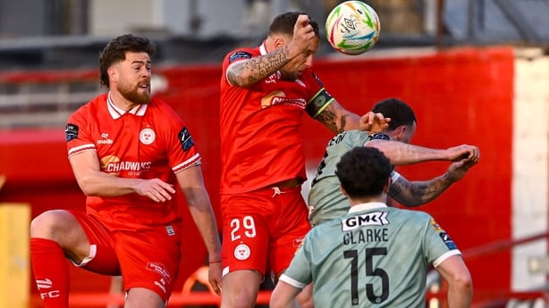 Paddy Barrett of Shelbourne heads towards goal during the SSE Airtricity Men's Premier Division match between Shelbourne and Derry City at Tolka Park in Dublin.