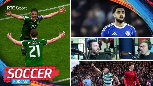 RTE Soccer Podcast thumbnail for 20 April 2026, featuring Marissa Sheva, Emily Murphy, Andrew Omobamidele, Richie Towell, David McMillan and Graham Burke.