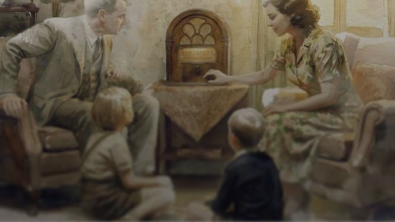 A family sit around the radio