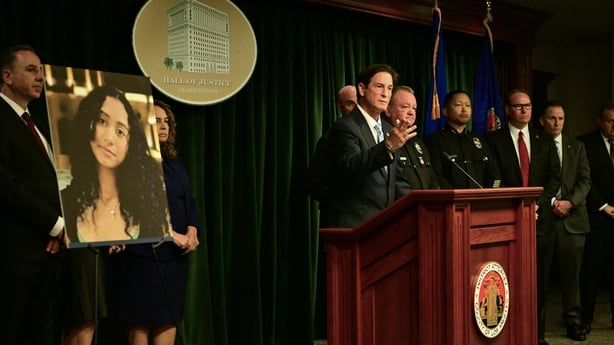 Los Angeles County District Attorney Nathan J. Hochman (C) and LAPD Chief Jim McDonnell (C, R) hold a press briefing on the case against singer D4vd in Los Angeles