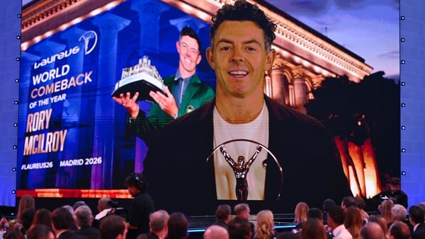 MADRID, SPAIN - APRIL 20: Golf Player Rory McIlroy accepts the Laureus World Comeback Of The Year award via video message during the Laureus World Sports Awards on April 20,2026 in Madrid, Spain. (Photo by Borja B. Hojas/Getty Images for Laureus)