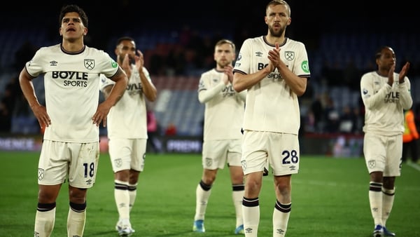 West Ham players applauds the fans following the English Premier League