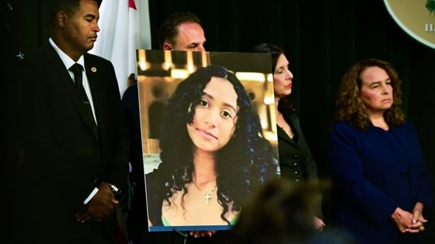 A portrait of the late Celeste Rivas Hernandez is shown during a press briefing by Los Angeles County District Attorney Nathan J. Hochman