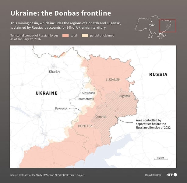 Infographic with a map showing zones controlled by Russia in the Donbas region, as of January 22, 2026