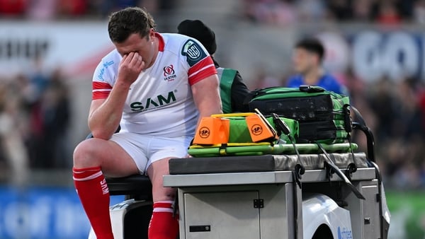 17 April 2026; Angus Bell of Ulster leaves the pitch with an injury during the United Rugby Championship match between Ulster and Leinster at Affidea Stadium in Belfast. Photo by Ramsey Cardy/Sportsfile