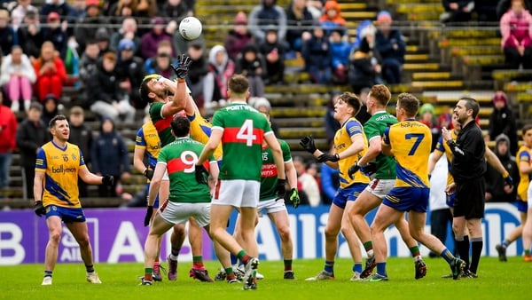 9 April 2023; Aidan O'Shea of Mayo competes with Keith Doyle of Roscommon during the Connacht GAA Football Senior Championship Quarter-Final match between Mayo and Roscommon at Hastings Insurance MacHale Park in Castlebar, Mayo. Photo by Ray Ryan/Sportsfi