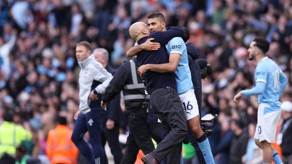 Pep Guardiola, Manager of Manchester City celebrates with Rodri after defeating Arsenal in Premier League, April 2026