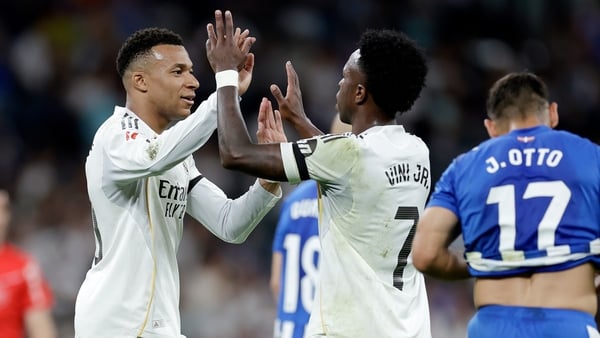 MADRID, SPAIN - APRIL 21: Kylian Mbappe of Real Madrid celebrates 1-0 with Vinicius Junior of Real Madrid during the LaLiga EA Sports match between Real Madrid v Deportivo Alaves at the Estadio Santiago Bernabeu on April 21, 2026 in Madrid Spain (Photo by
