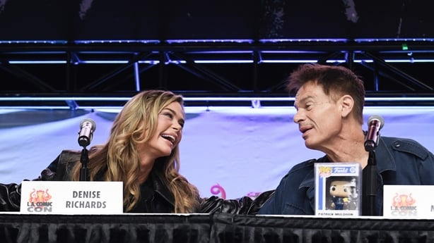 LOS ANGELES, CALIFORNIA - SEPTEMBER 28: (L-R) Dina Meyer, Denise Richards and Patrick Muldoon attend the "Starship Troopers" cast panel during 2025 Los Angeles Comic Con at Los Angeles Convention Center on September 28, 2025 in Los Angeles, California. (Photo by Chelsea Guglielmino/Getty Images)