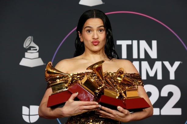 Rosalía poses with awards in the media centre for the 23rd Annual Latin Grammy Awards at the Mandalay Bay Events Center on 17 November, 2022 in Las Vegas, Nevada. (Photo by Gabe Ginsberg/Getty Images for The Latin Recording Academy)