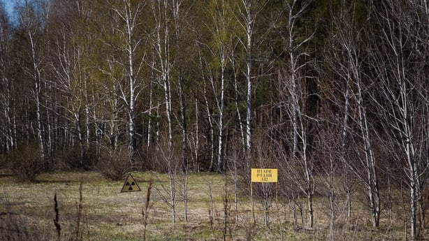 A radiation sign, or trefoil, marks the territory of the Temporary Radioactive Waste Localisation Point (TRWLP) ''Red Forest'' in the Kyiv region, Ukraine, on April 14, 2026. April 26, 2026, marks the 40th anniversary of the explosion of the fourth reactor at the Chornobyl Nuclear Power Plant, which