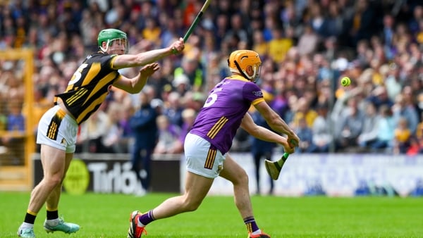 26 May 2024; Damien Reck of Wexford is tackled by Martin Keoghan of Kilkenny during the Leinster GAA Hurling Senior Championship Round 5 match between Kilkenny and Wexford at UPMC Nowlan Park in Kilkenny. Photo by Ray McManus/Sportsfile