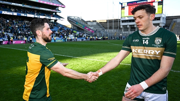 Ryan McHugh of Donegal, left, shakes hands with David Clifford after 2026 Division 1 final