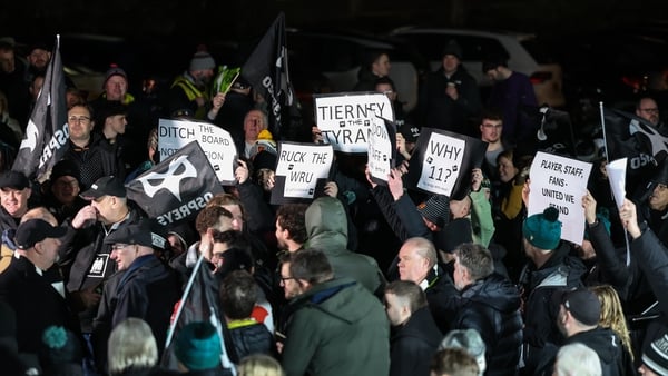 BRIDGEND, WALES - JANUARY 31: Osprey supporters hold a protest outside the Brewery Field before the United Rugby Championship match between Ospreys and Dragons RFC at Brewery Field on January 31, 2026 in Bridgend, Wales. The WRU confirmed Ospreys owners Y