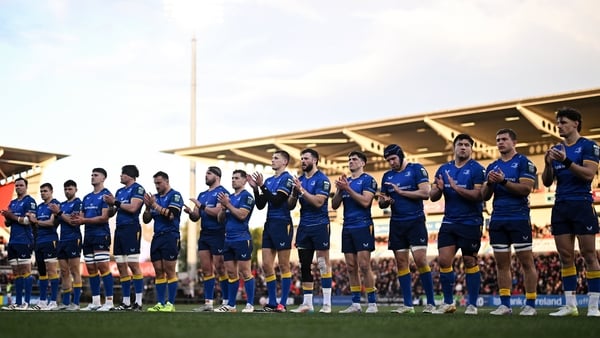 17 April 2026; The Leinster team before the United Rugby Championship match between Ulster and Leinster at Affidea Stadium in Belfast. Photo by Ramsey Cardy/Sportsfile