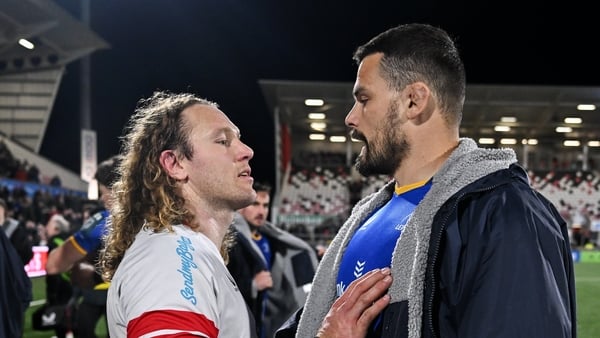17 April 2026; Max Deegan of Leinster and Werner Kok of Ulster after the United Rugby Championship match between Ulster and Leinster at Affidea Stadium in Belfast. Photo by Ramsey Cardy/Sportsfile